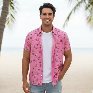 Chubbies Top Button Up Collar Short Sleeve Shirt Pink Pineapple Print Men sz XL